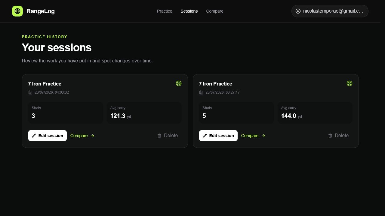RangeLog session history with saved performance summaries and edit, compare, and delete controls