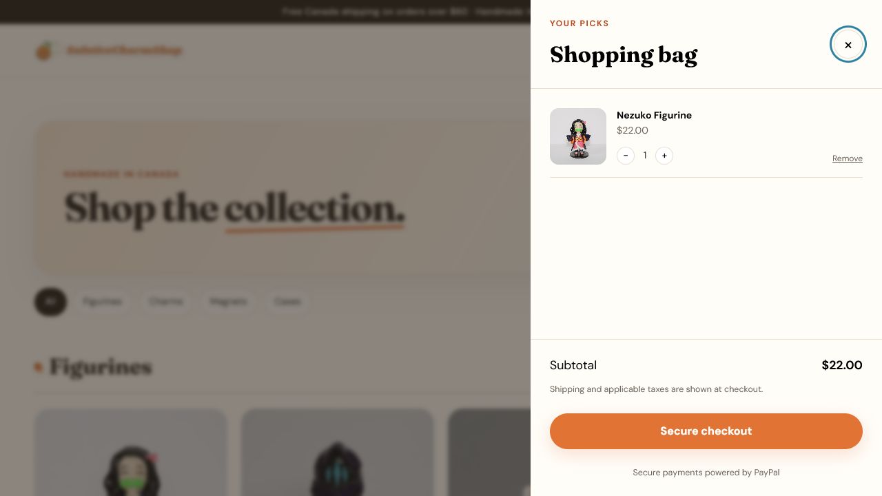 Shopping bag containing the Nezuko Figurine with quantity controls, subtotal, and secure checkout