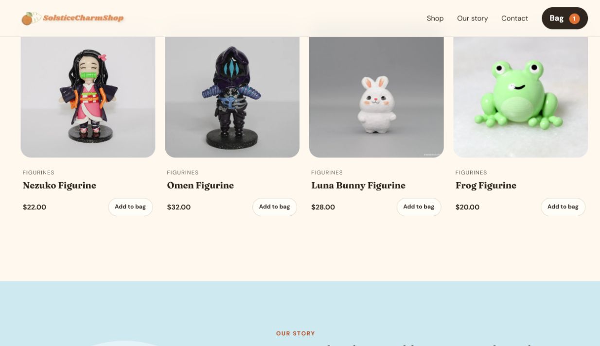 Figurine catalog showing product photography, prices, and add-to-bag controls