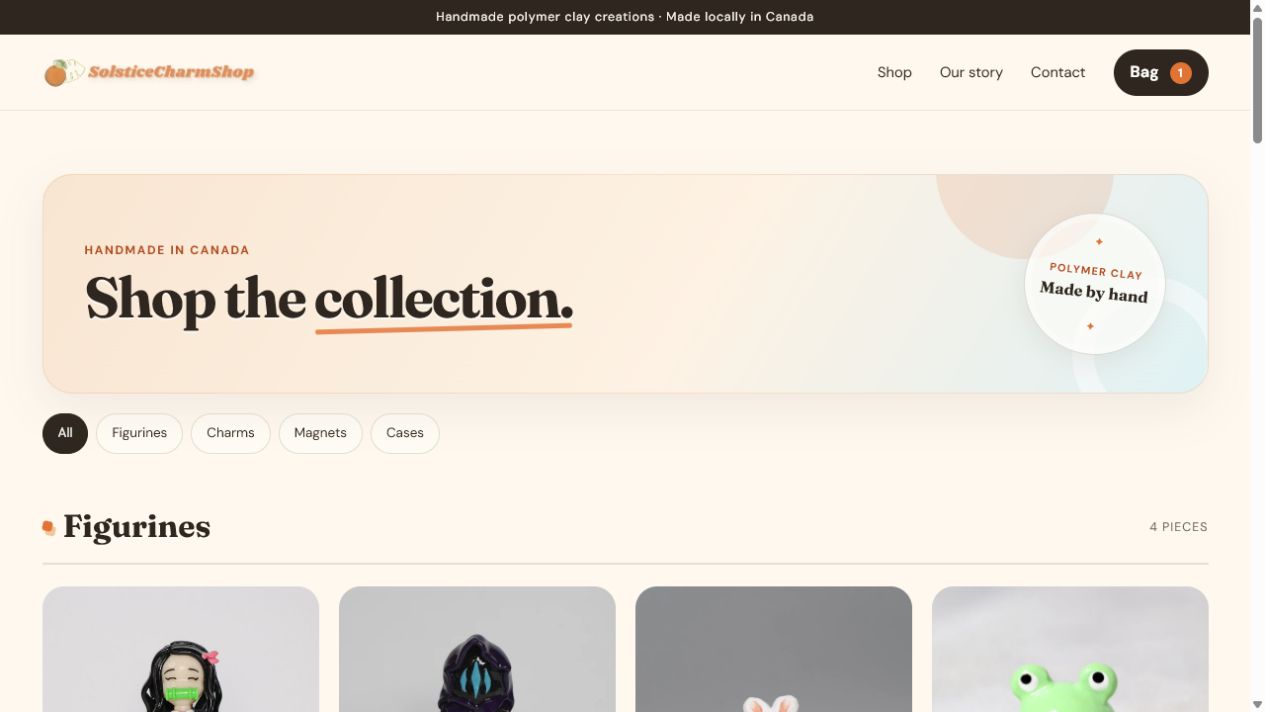 Solstice Charm Shop storefront homepage with its handmade polymer-clay brand presentation
