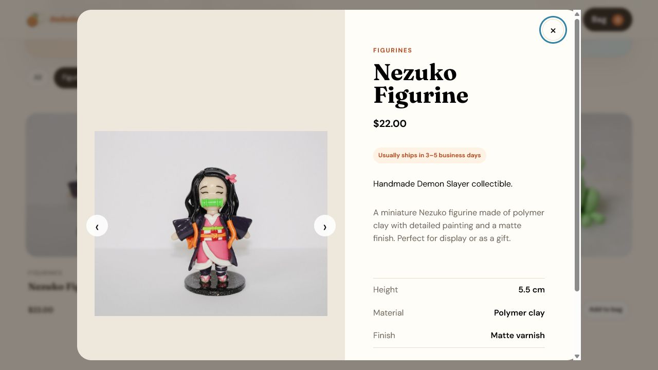 Nezuko Figurine product gallery with pricing, processing estimate, description, and specifications